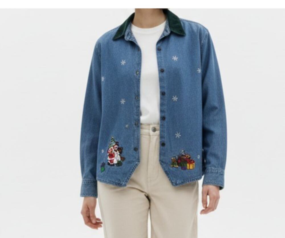 Bill Blass Blue Denim Christmas Embroidered Shirt Jacket Women's XL